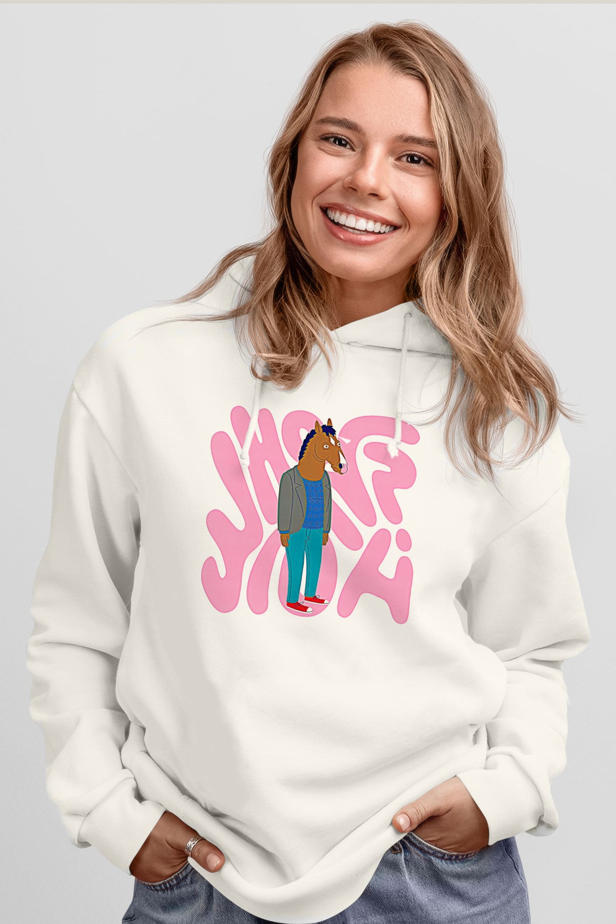 Bojack Horseman Baskılı Beyaz Unisex Hoodie