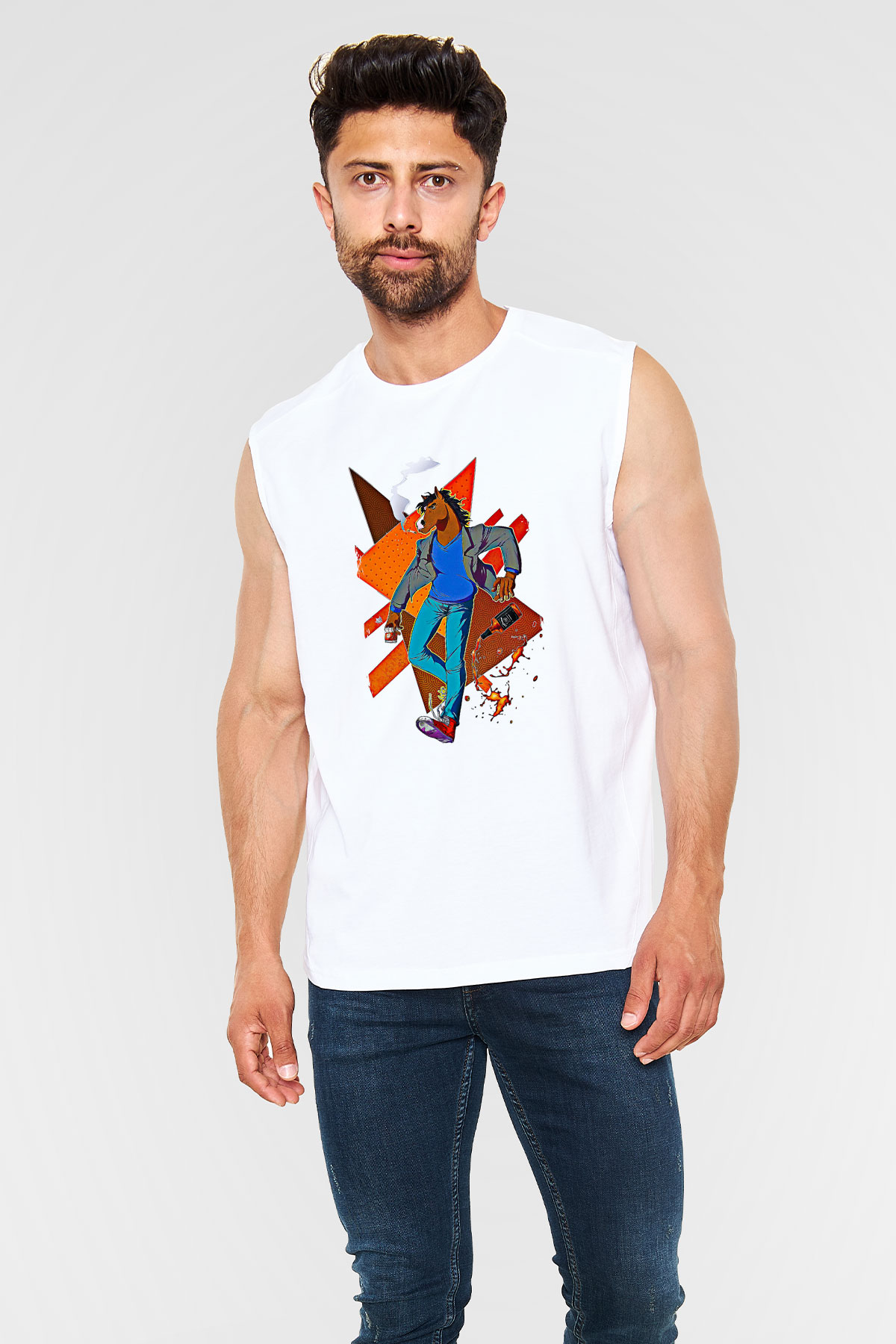 Bojack Horseman Baskılı Beyaz Unisex Kolsuz Tişört - Tshirt