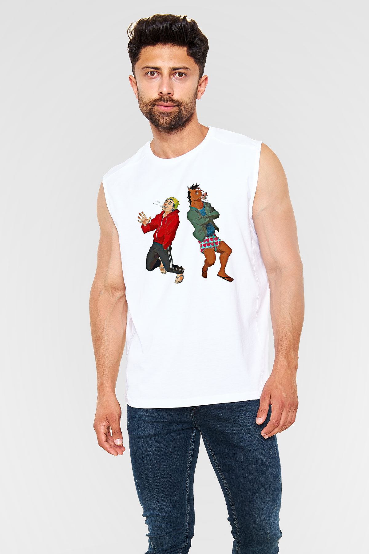 Bojack Horseman Baskılı Beyaz Unisex Kolsuz Tişört - Tshirt
