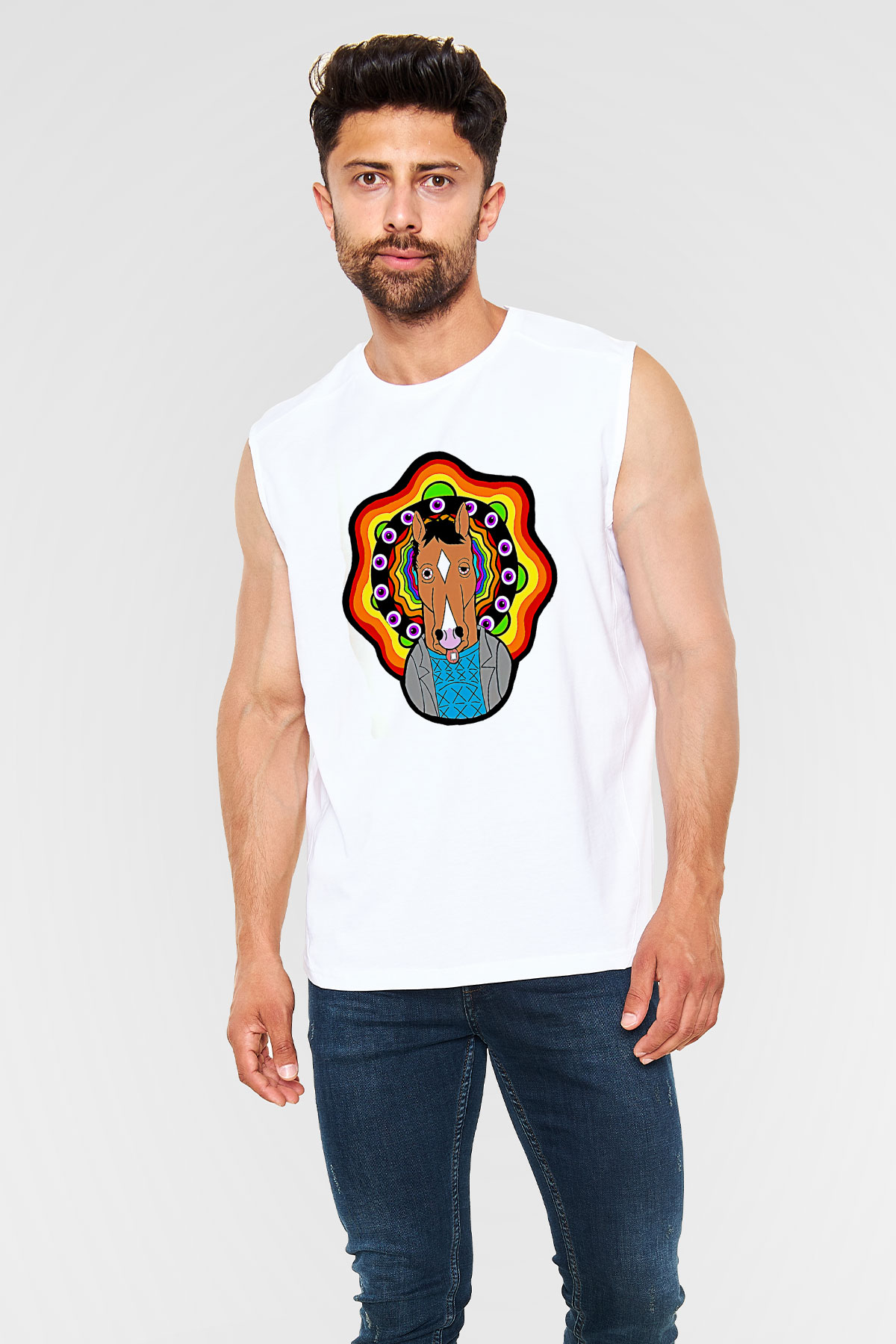 Bojack Horseman Baskılı Beyaz Unisex Kolsuz Tişört - Tshirt