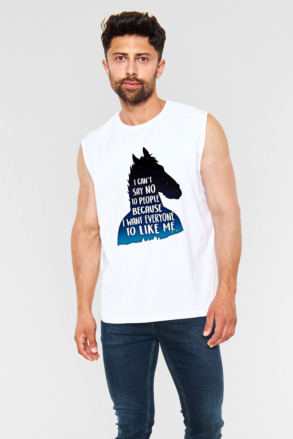 Bojack Horseman Baskılı Beyaz Unisex Kolsuz Tişört - Tshirt