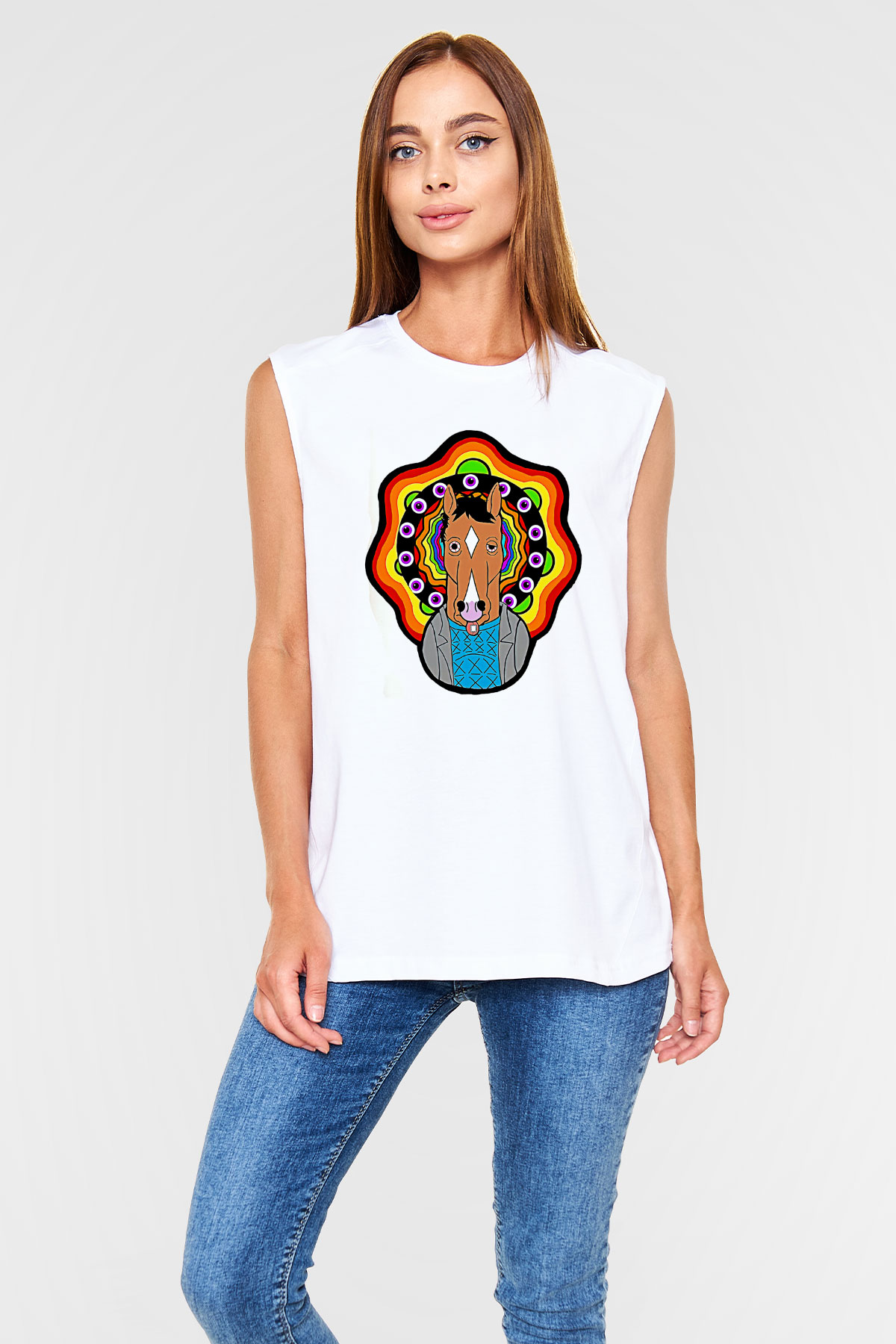 Bojack Horseman Baskılı Beyaz Unisex Kolsuz Tişört - Tshirt