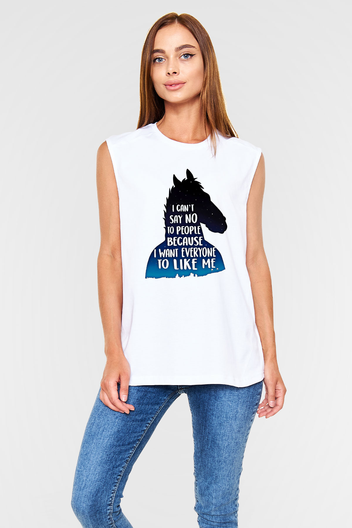 Bojack Horseman Baskılı Beyaz Unisex Kolsuz Tişört - Tshirt
