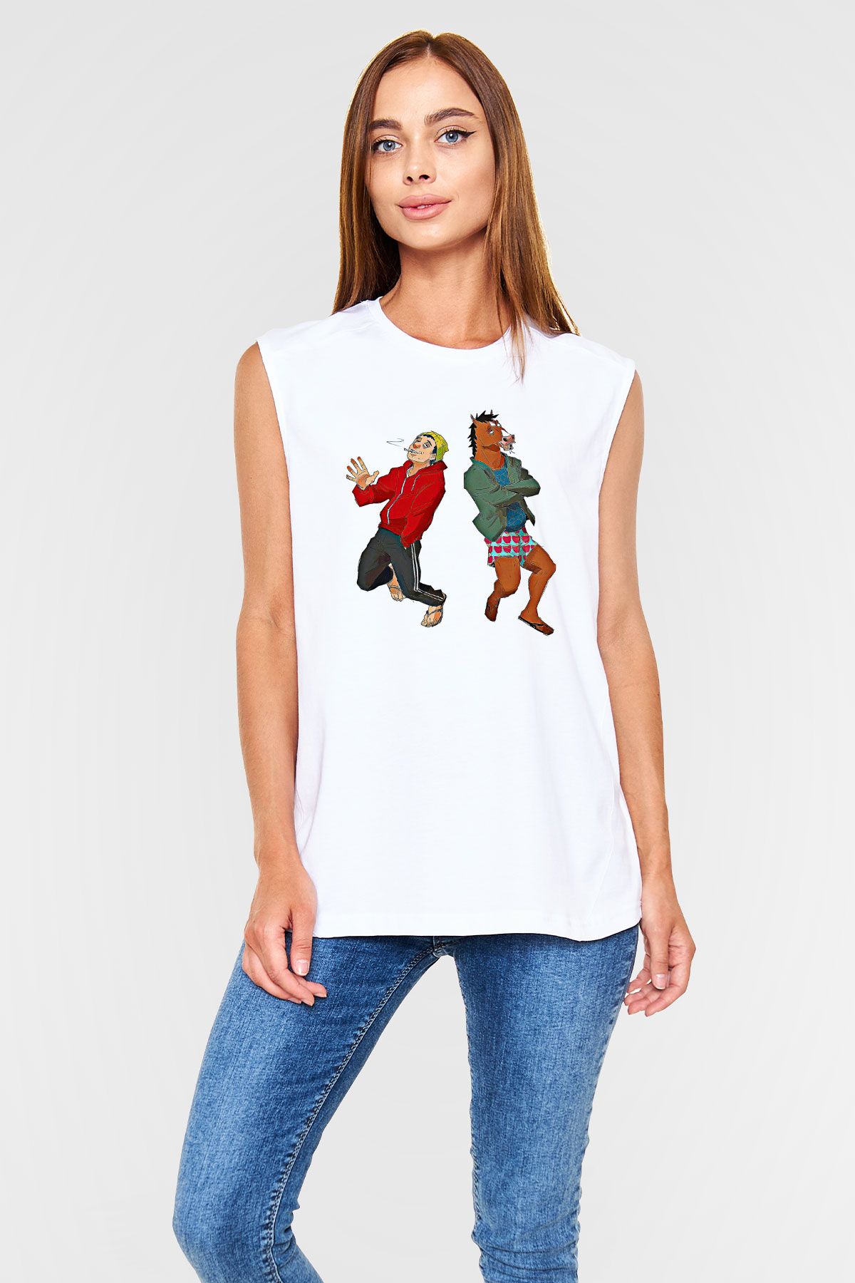 Bojack Horseman Baskılı Beyaz Unisex Kolsuz Tişört - Tshirt