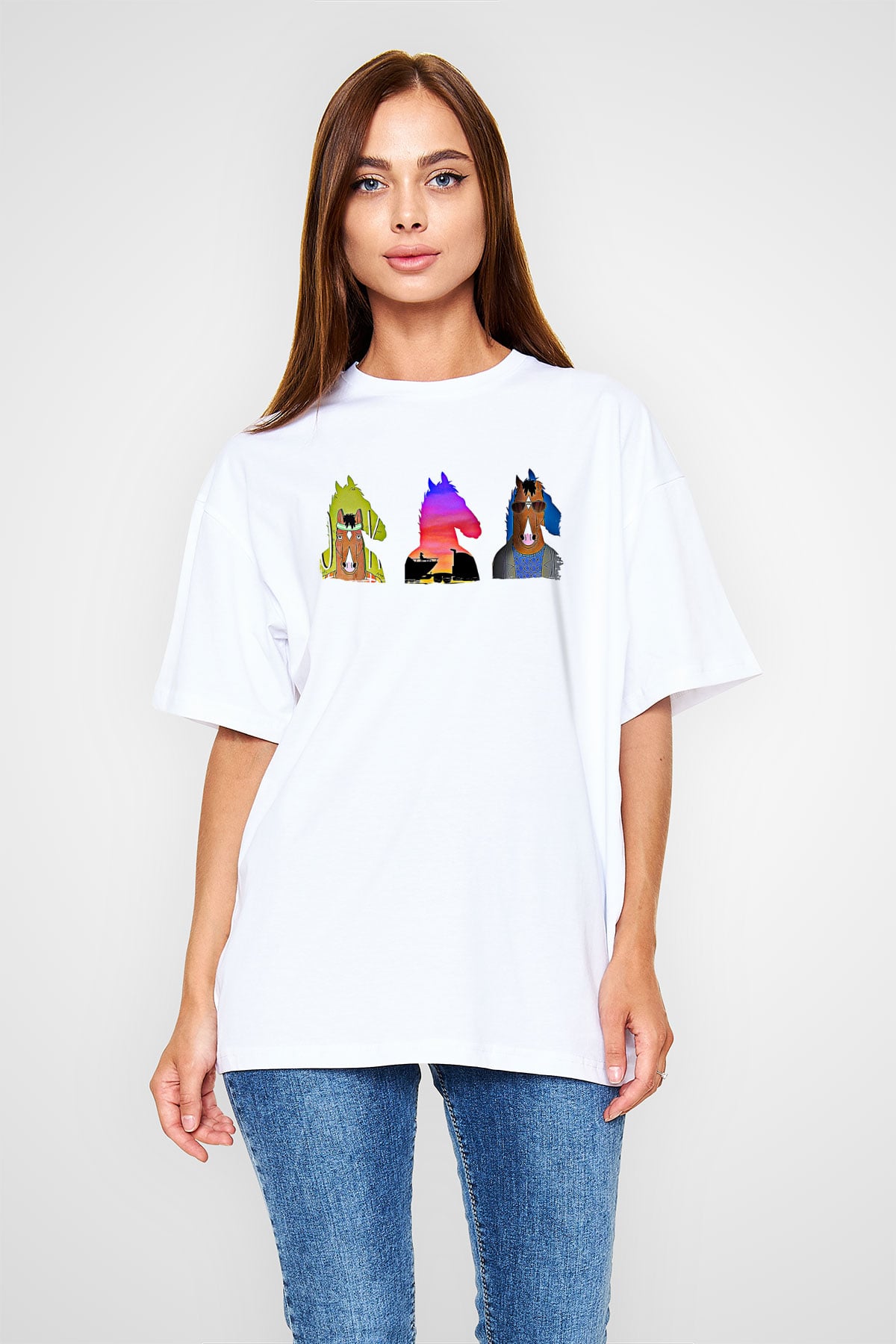 Bojack Horseman Baskılı Beyaz Unisex Oversize Tişört - Tshirt