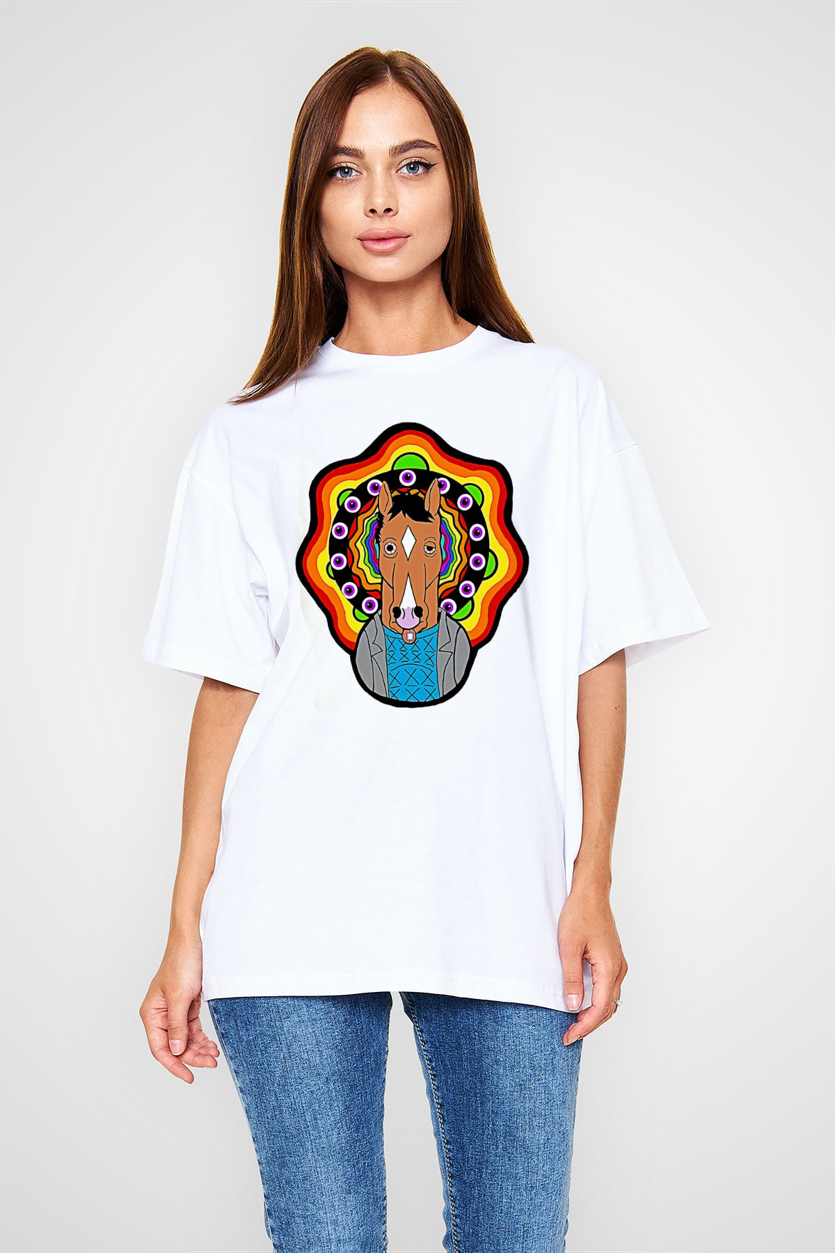 Bojack Horseman Baskılı Beyaz Unisex Oversize Tişört - Tshirt