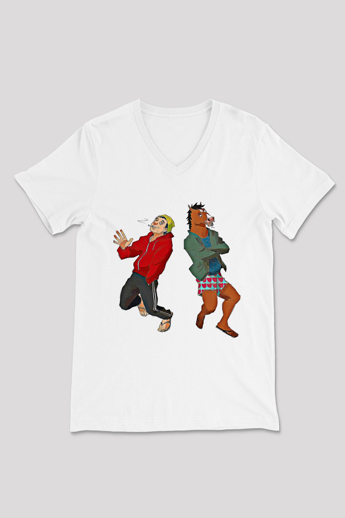 Bojack Horseman Baskılı Beyaz Unisex V Yaka Tişört - Tshirt