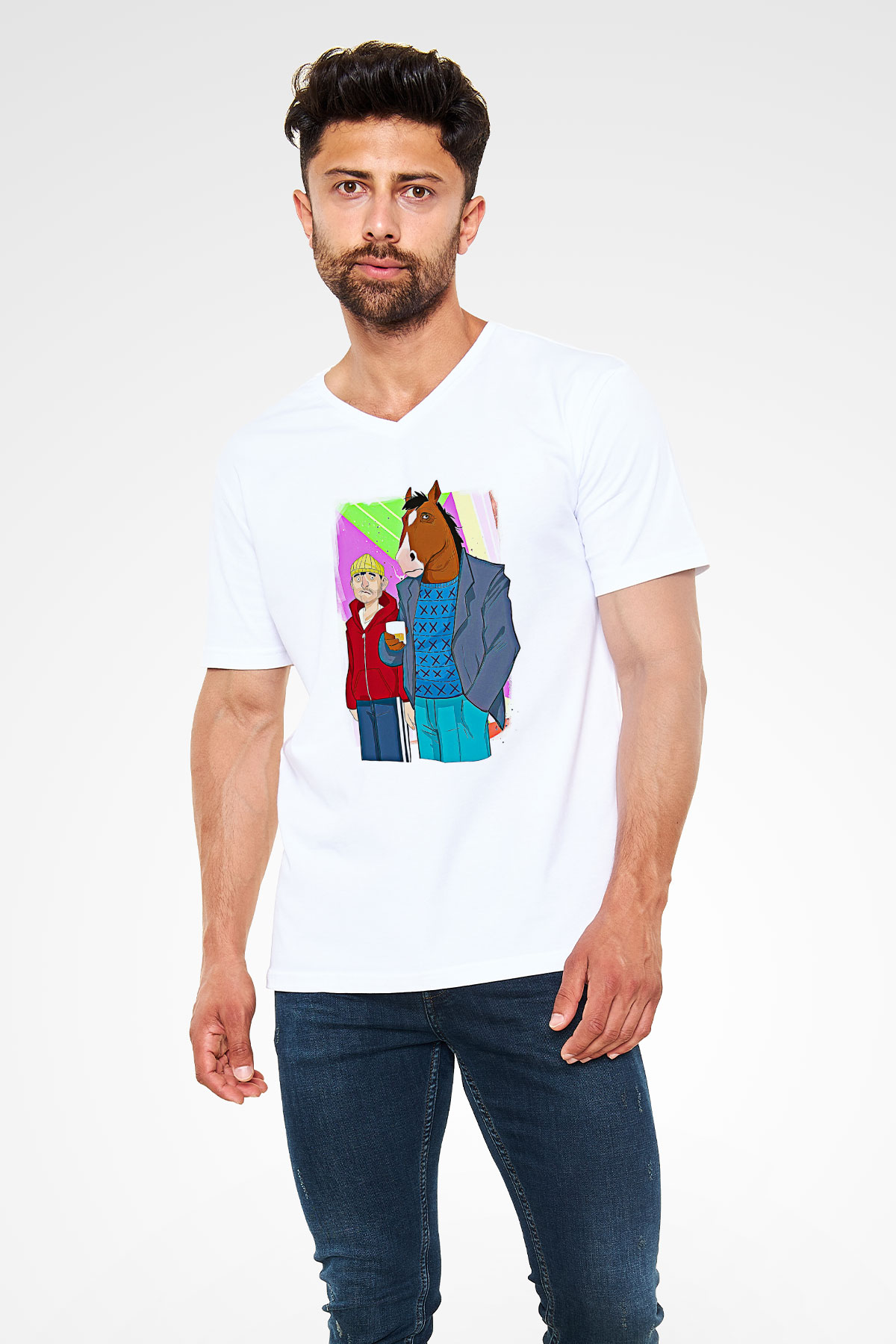 Bojack Horseman Baskılı Beyaz Unisex V Yaka Tişört - Tshirt