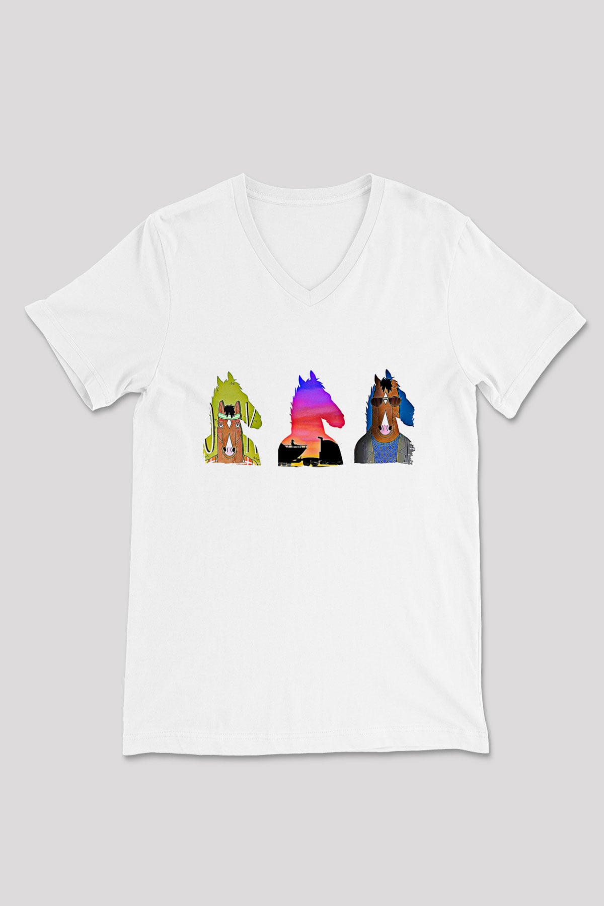 Bojack Horseman Baskılı Beyaz Unisex V Yaka Tişört - Tshirt
