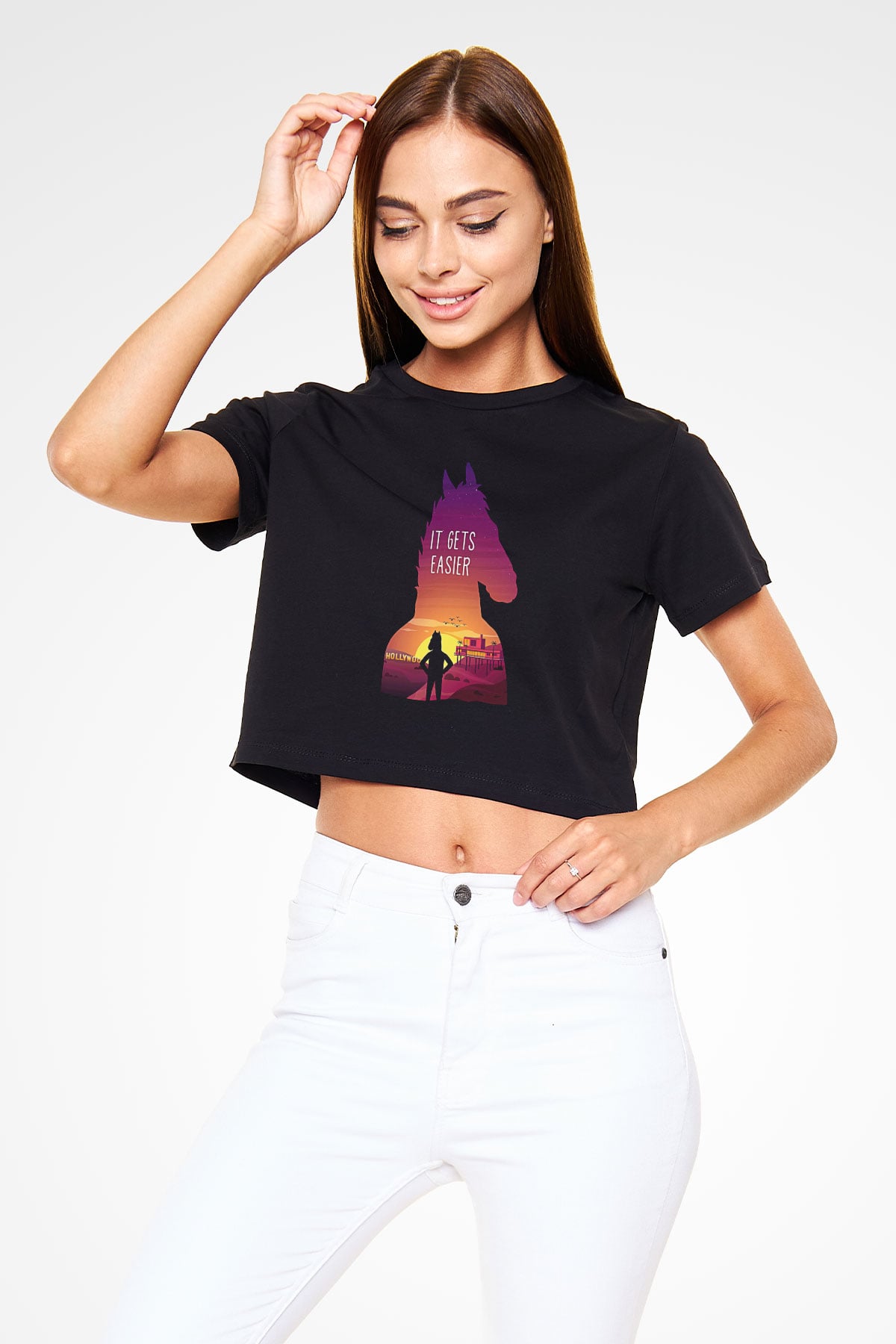 Bojack Horseman Baskılı Siyah Crop Top Kadın Tişört - Tshirt