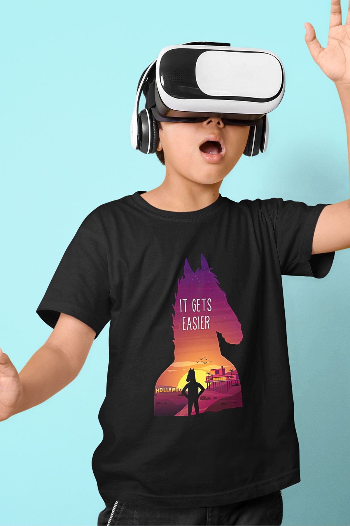 Bojack Horseman Baskılı Unisex Siyah Çocuk Tişört - Tshirt