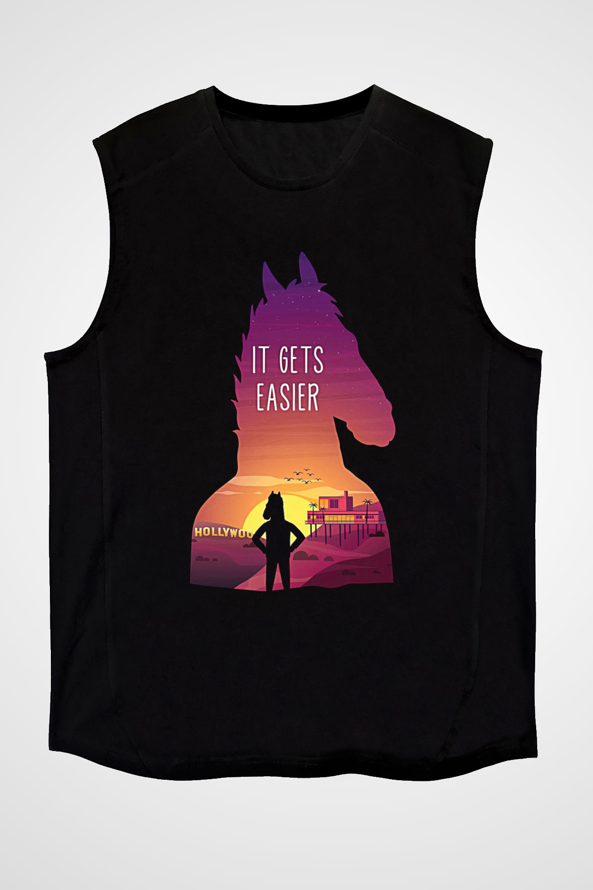 Bojack Horseman Baskılı Unisex Siyah Kolsuz Tişört - Tshirt