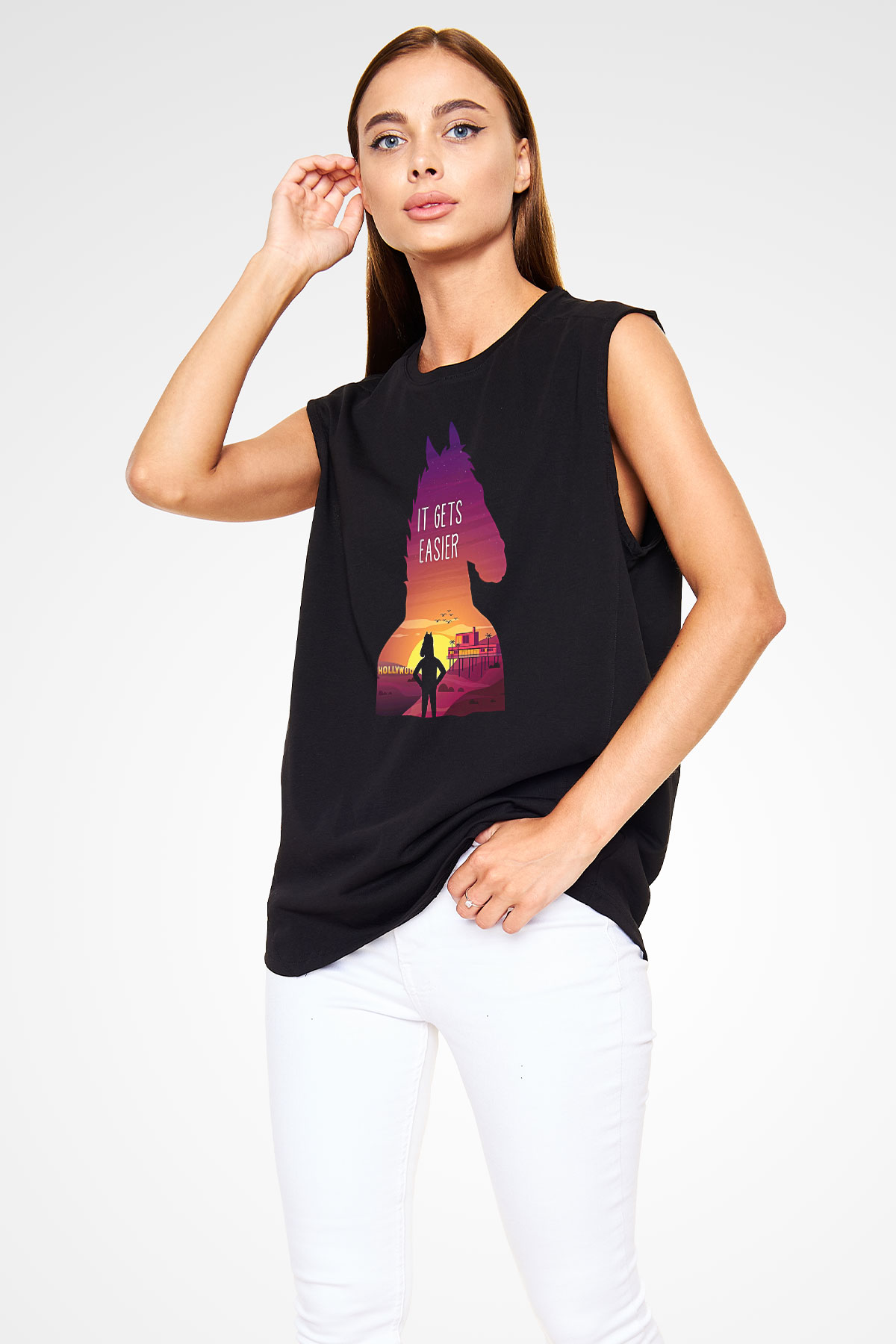 Bojack Horseman Baskılı Unisex Siyah Kolsuz Tişört - Tshirt