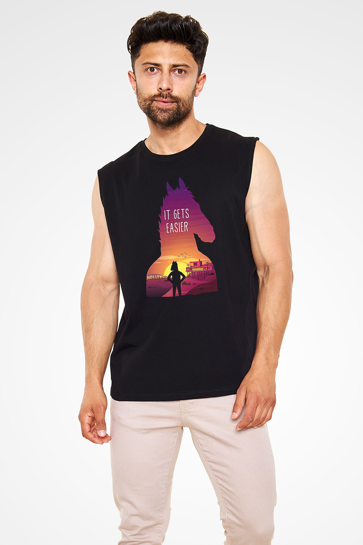 Bojack Horseman Baskılı Unisex Siyah Kolsuz Tişört - Tshirt