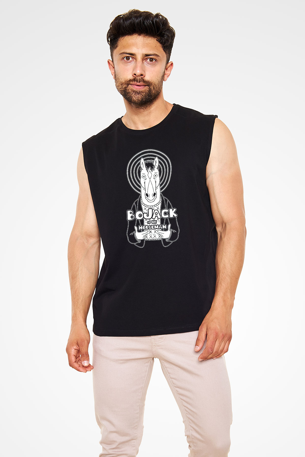 Bojack Horseman Baskılı Unisex Siyah Kolsuz Tişört - Tshirt