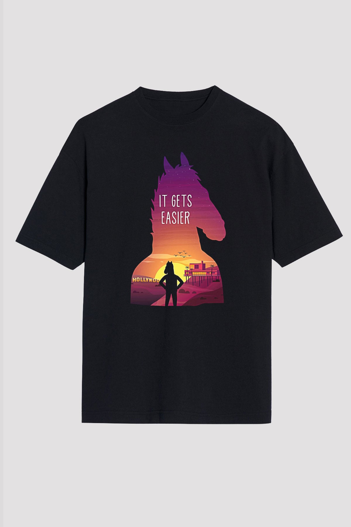 Bojack Horseman Baskılı Unisex Siyah Oversize Tişört - Tshirt