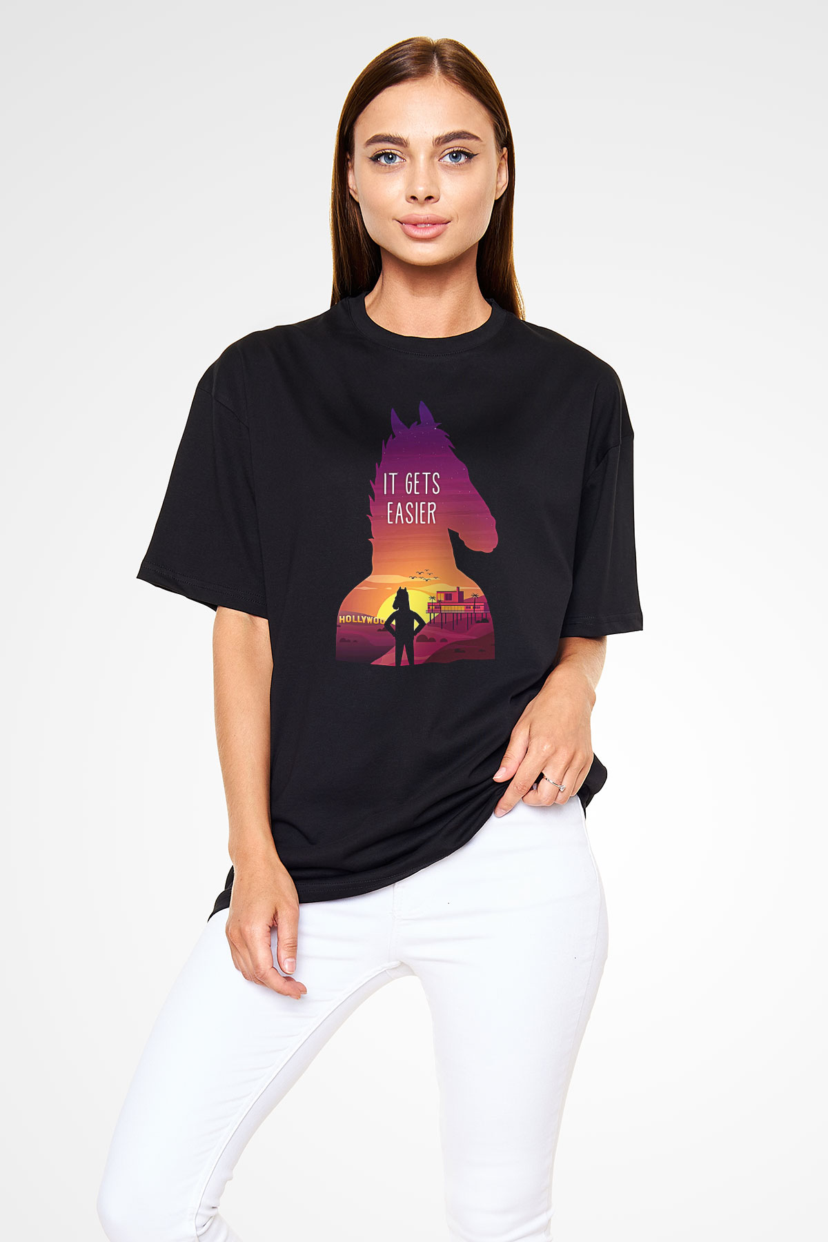Bojack Horseman Baskılı Unisex Siyah Oversize Tişört - Tshirt