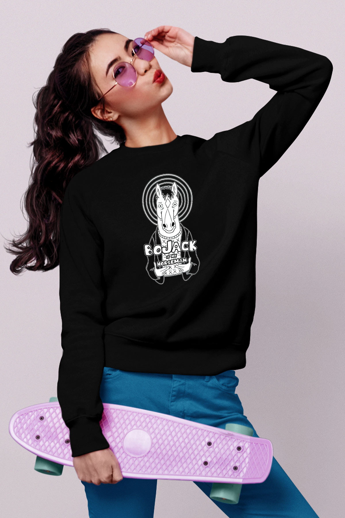Bojack Horseman Baskılı Unisex Siyah Sweatshirt