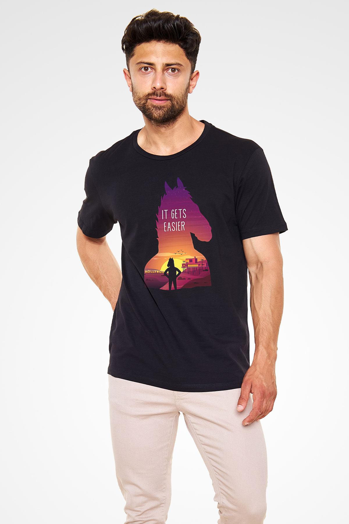 Bojack Horseman Baskılı Unisex Siyah Tişört - Tshirt