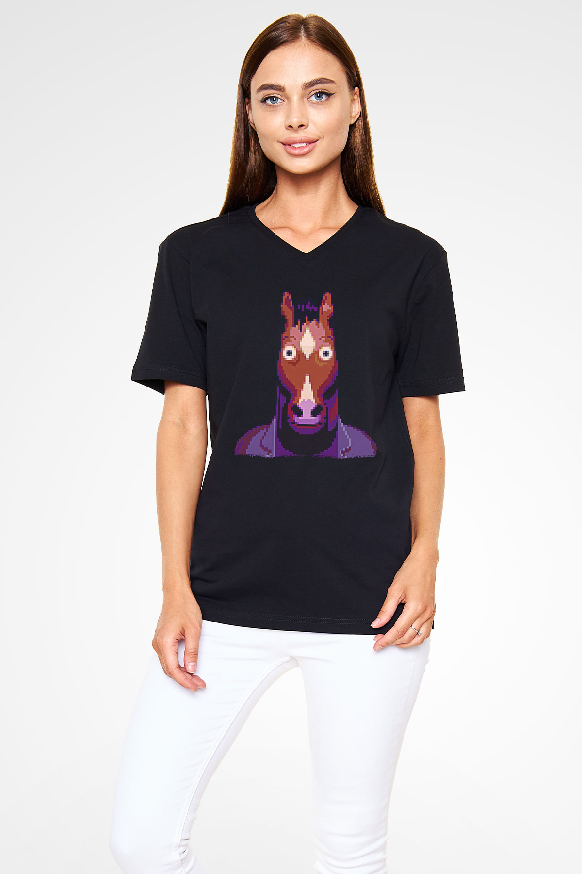 Bojack Horseman Baskılı Unisex Siyah V Yaka Tişört - Tshirt