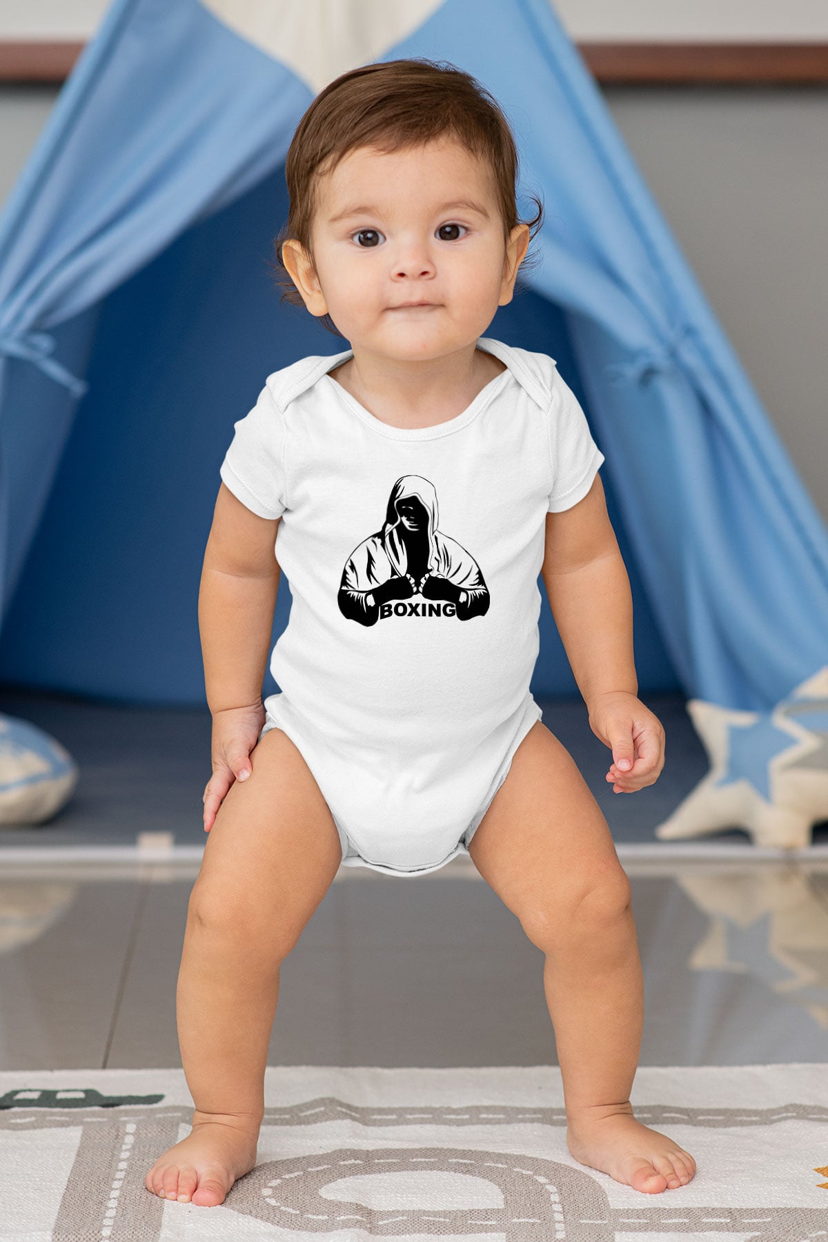 Boks Baskılı Beyaz Unisex Bebek Body - Zıbın
