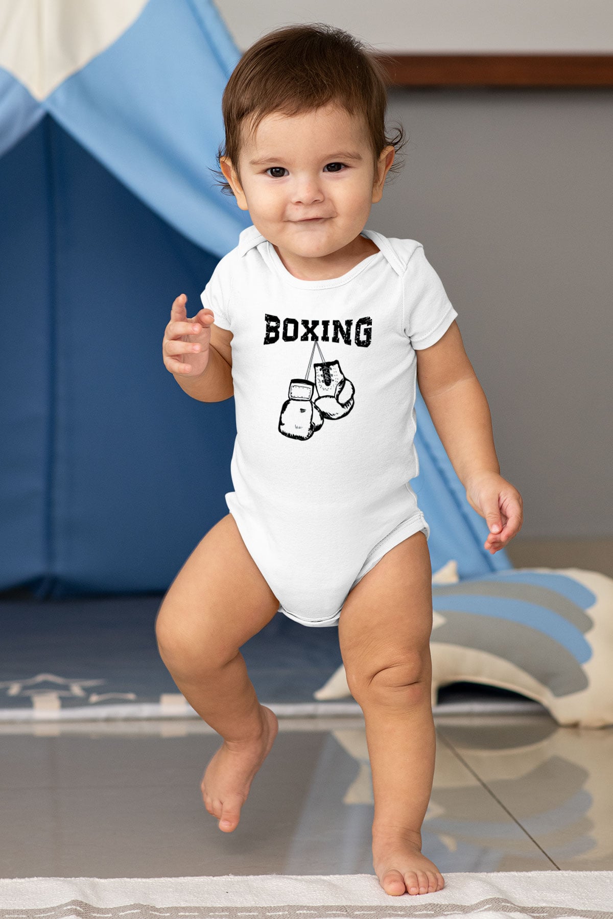 Boks Baskılı Beyaz Unisex Bebek Body - Zıbın