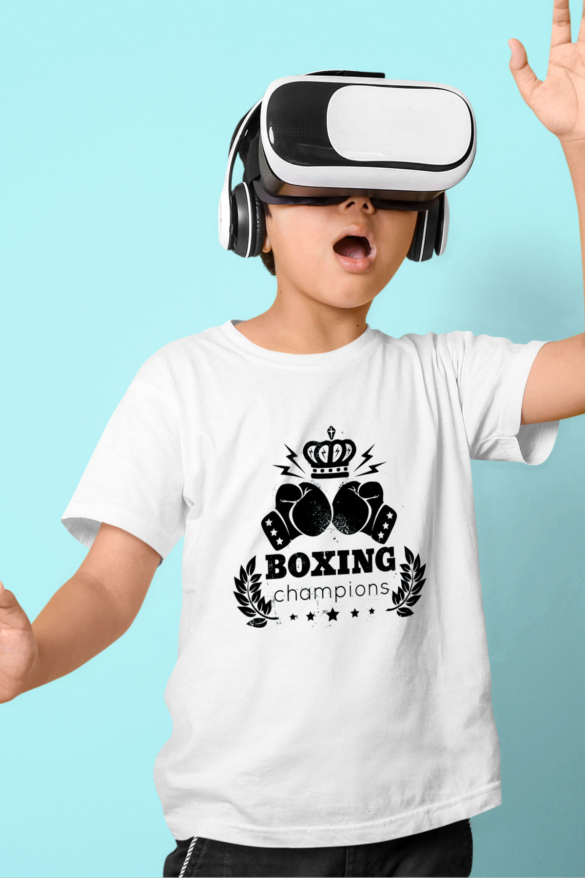 Boks Baskılı Beyaz Unisex Çocuk Tişört