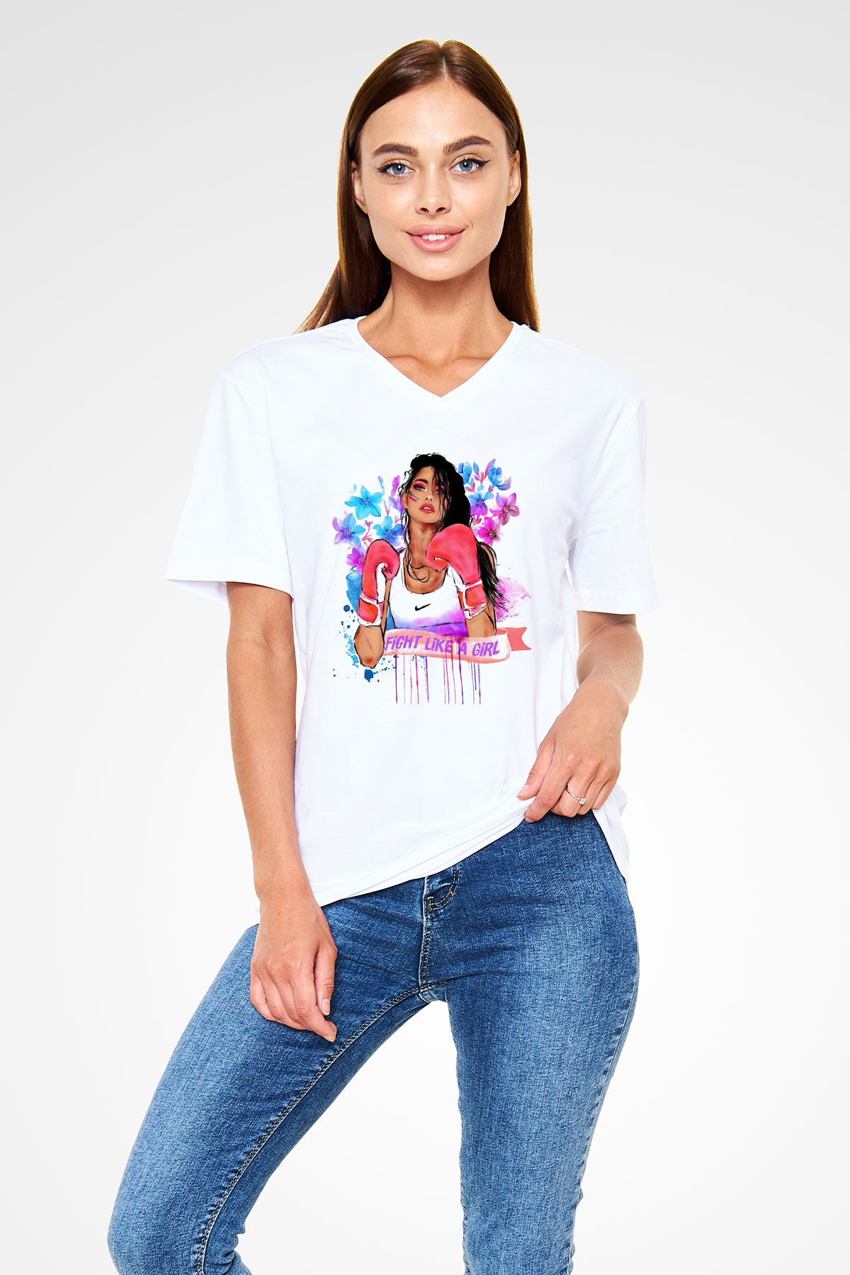 Boks Beyaz Unisex V Yaka Tişört T-Shirt