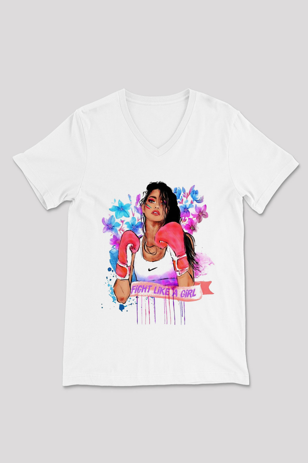 Boks Beyaz Unisex V Yaka Tişört T-Shirt