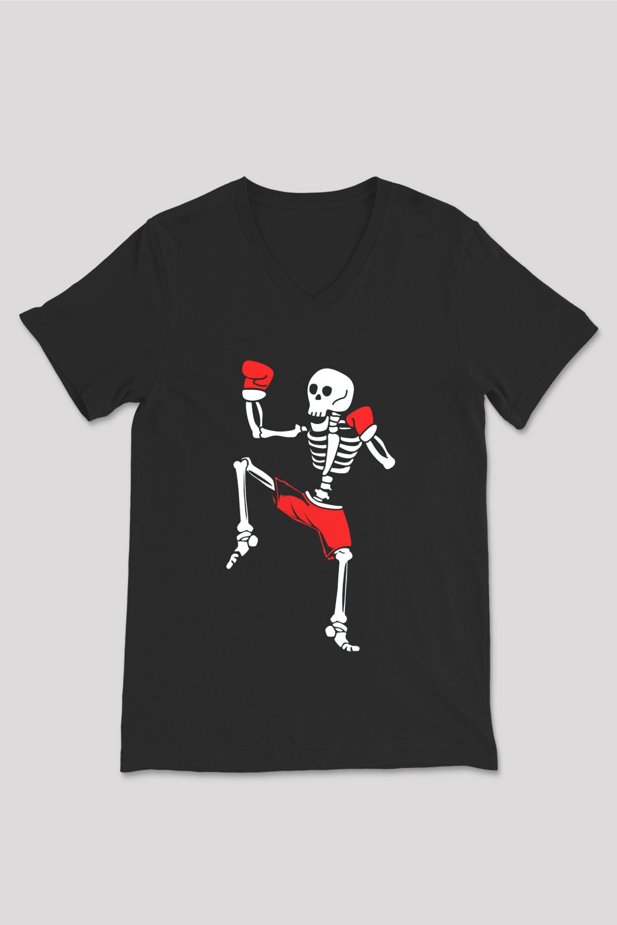 Boksçu İskelet Baskılı Unisex Siyah  V Yaka Tişört