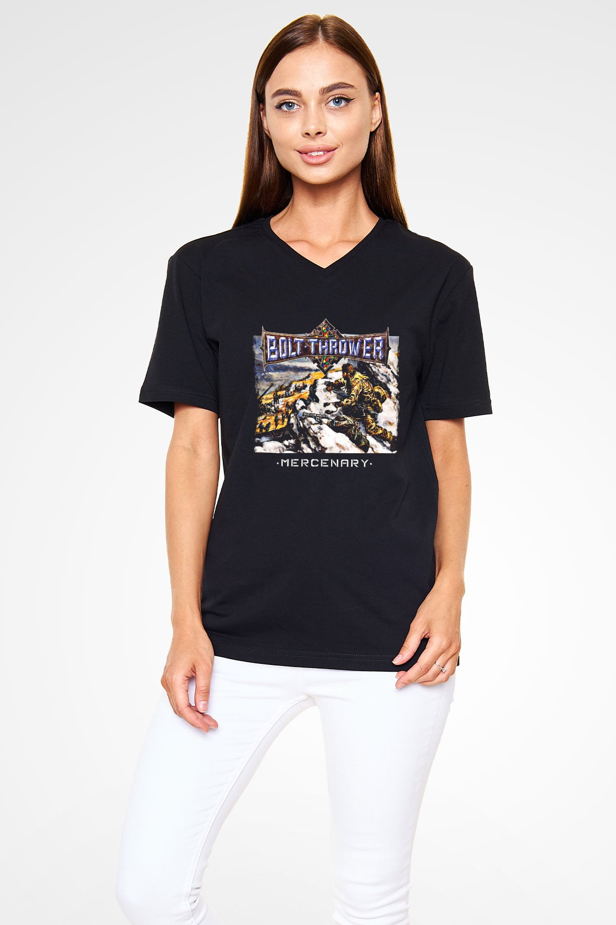 Bolt Thrower Baskılı Unisex Siyah V Yaka Tişört