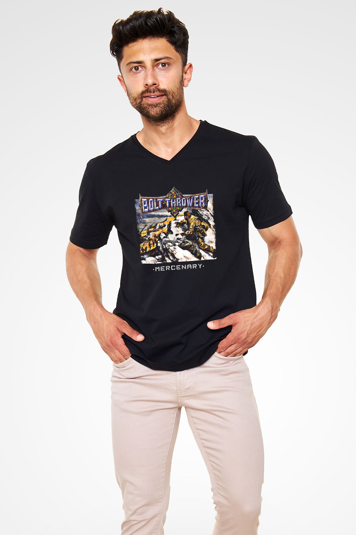 Bolt Thrower Baskılı Unisex Siyah V Yaka Tişört