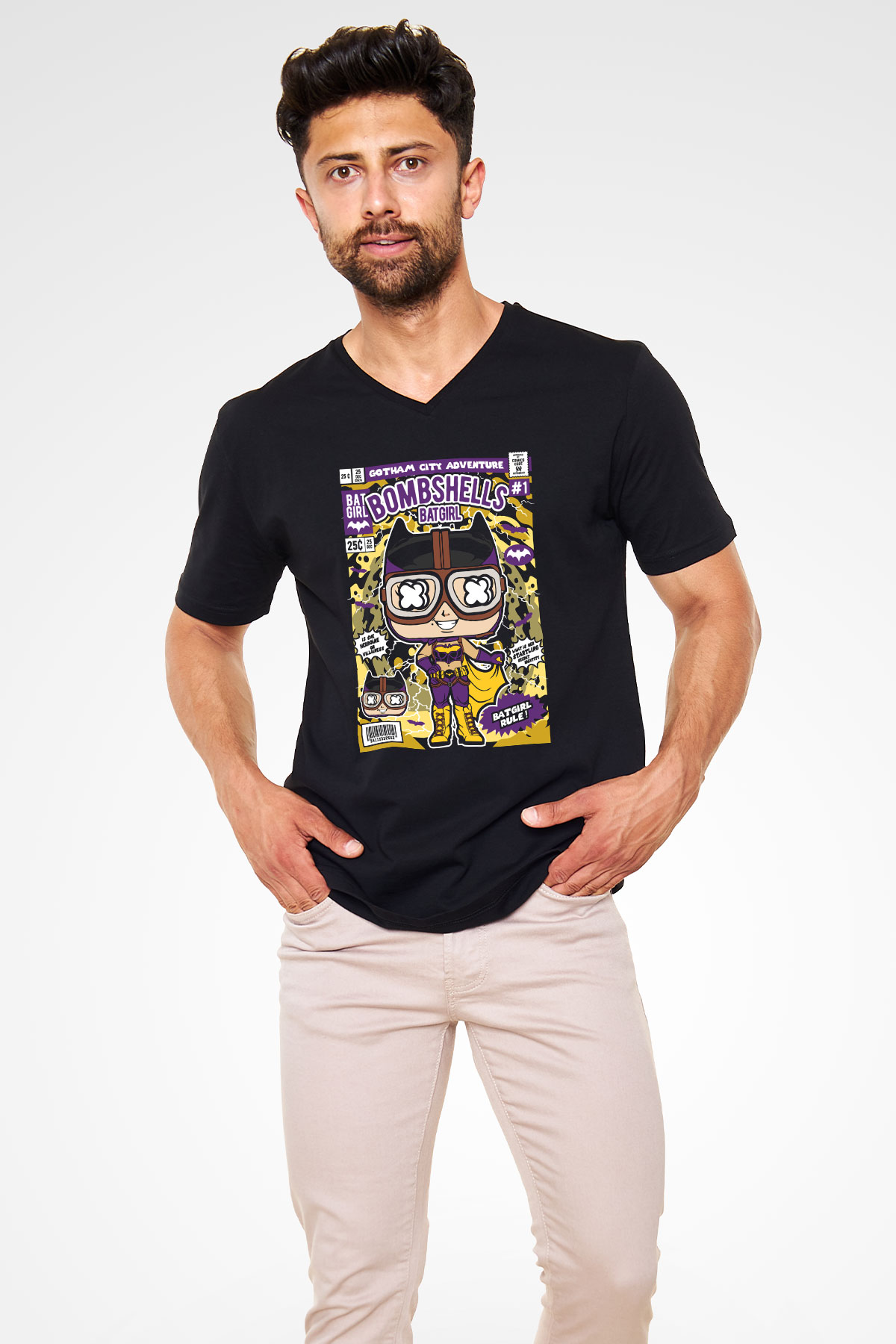 Bombshells Baskılı Unisex Siyah V Yaka Tişört