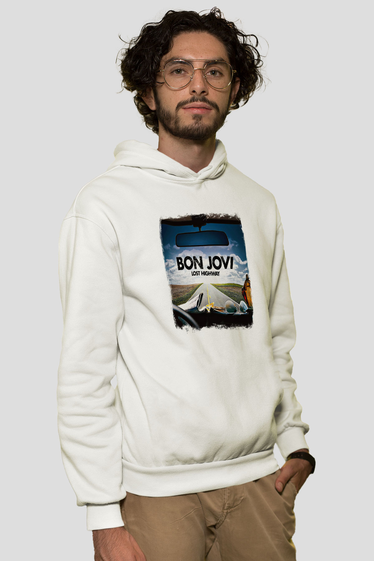 Bon Jovi Baskılı Unisex Beyaz Hoodie