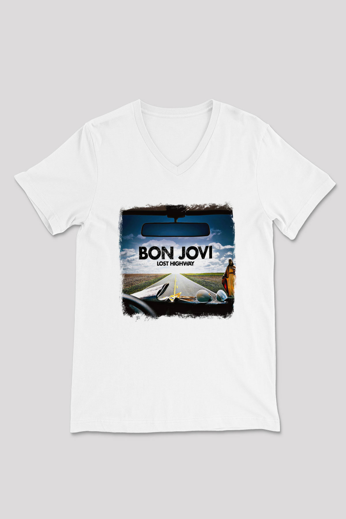 Bon Jovi Baskılı Unisex Beyaz V Yaka Tişört