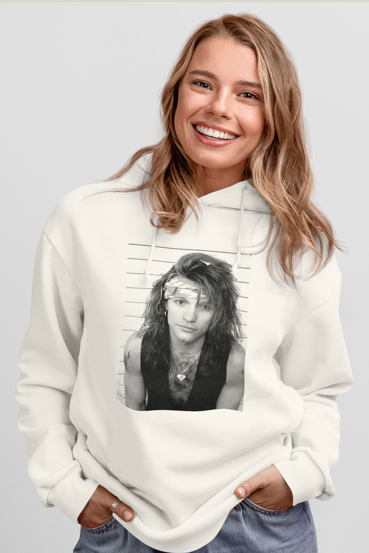 Bon Jovi Beyaz Unisex Kapşonlu Sweatshirt