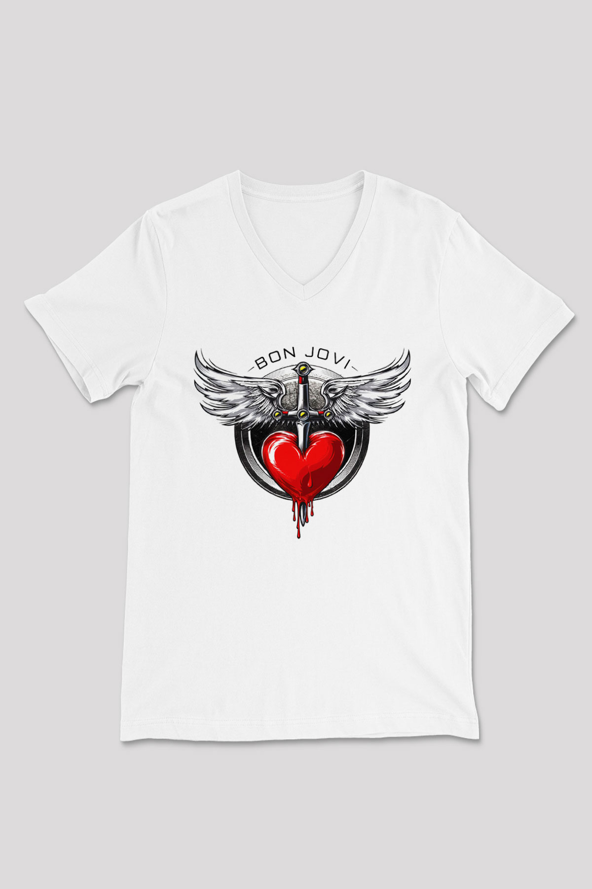 Bon Jovi Beyaz Unisex V Yaka Tişört