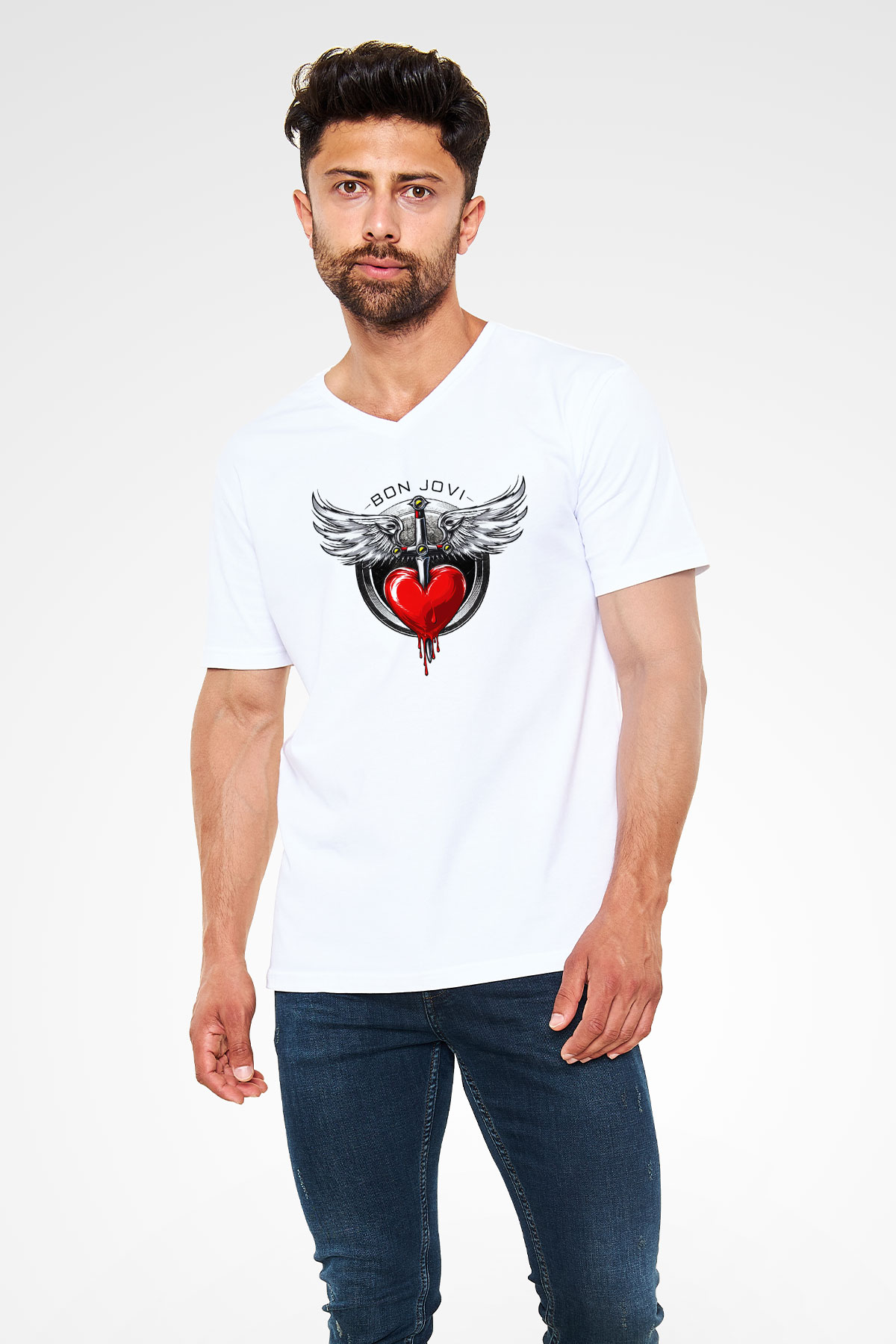 Bon Jovi Beyaz Unisex V Yaka Tişört