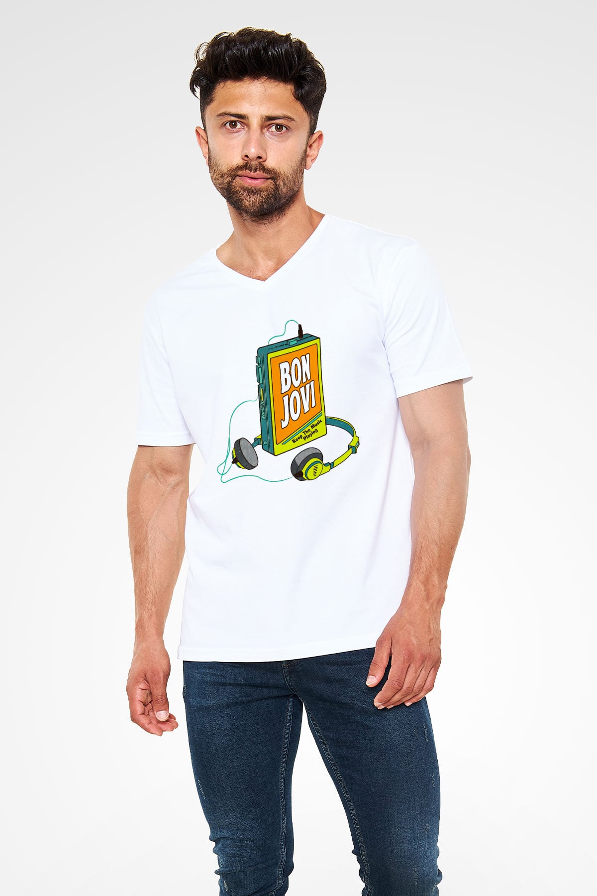 Bon Jovi Beyaz Unisex V Yaka Tişört
