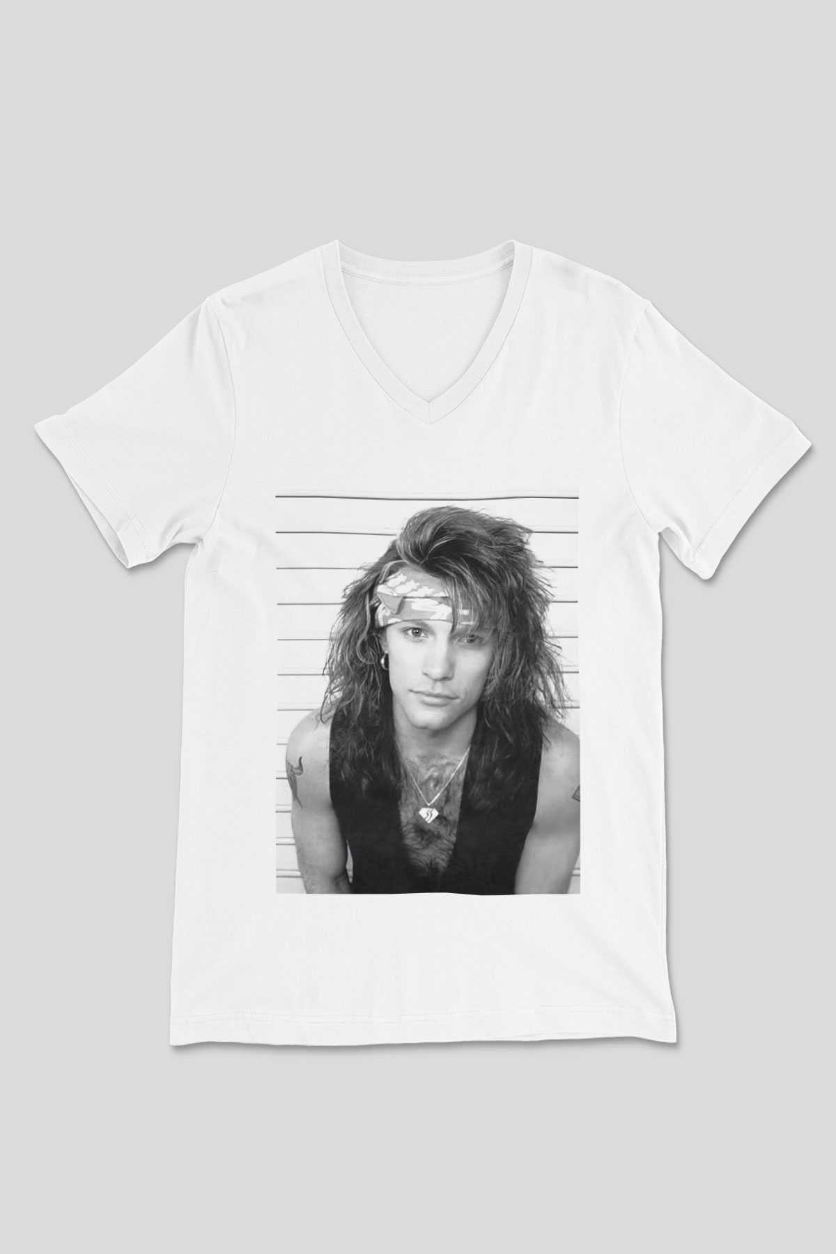 Bon Jovi Beyaz Unisex V Yaka Tişört T-Shirt
