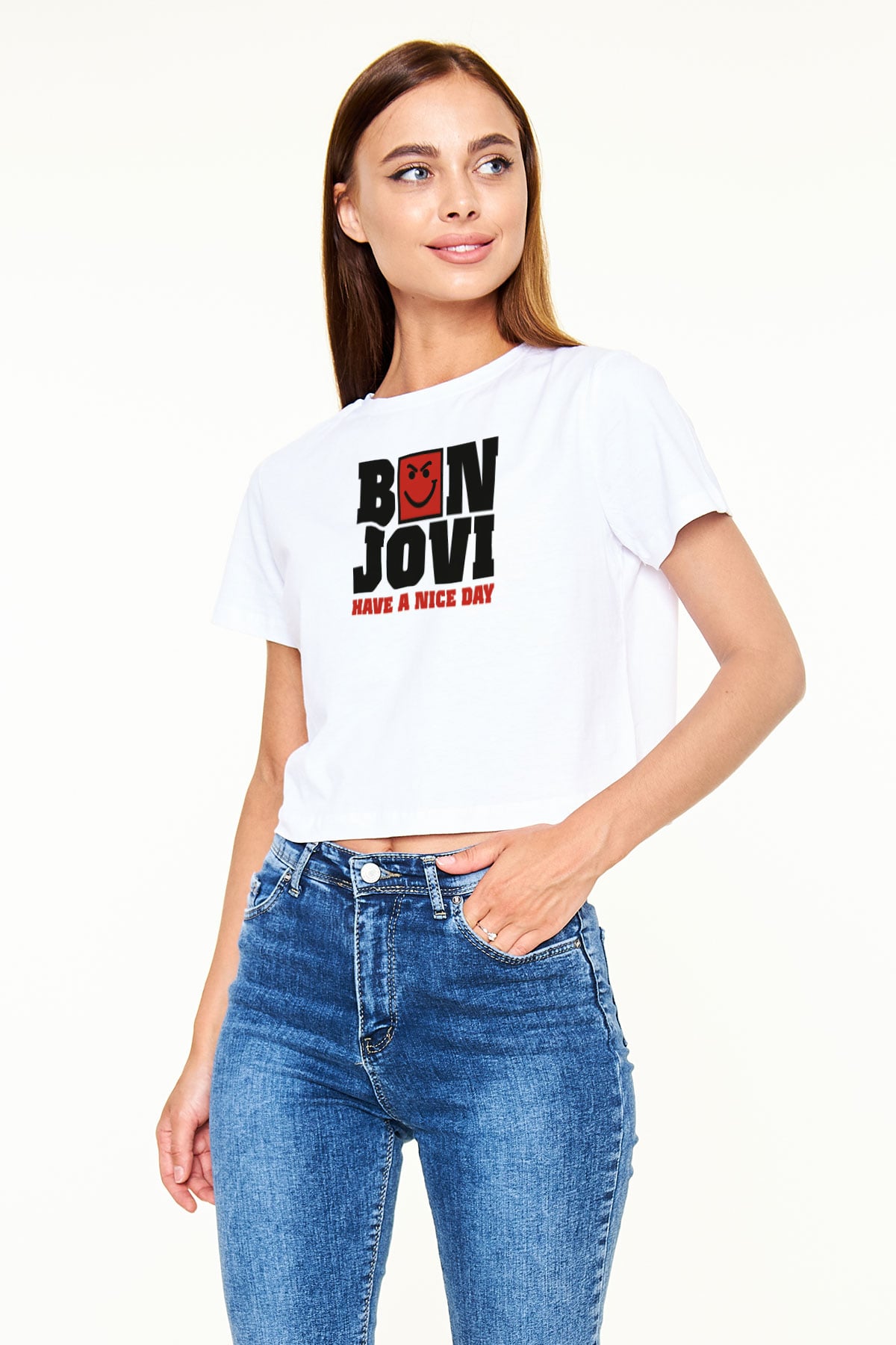 Bon Jovi Have A Nice Day Beyaz  Crop Top Tişört