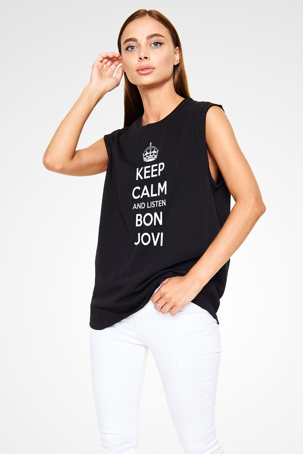 Bon Jovi Keep Calm And Listen To Siyah Unisex Kolsuz Tişört