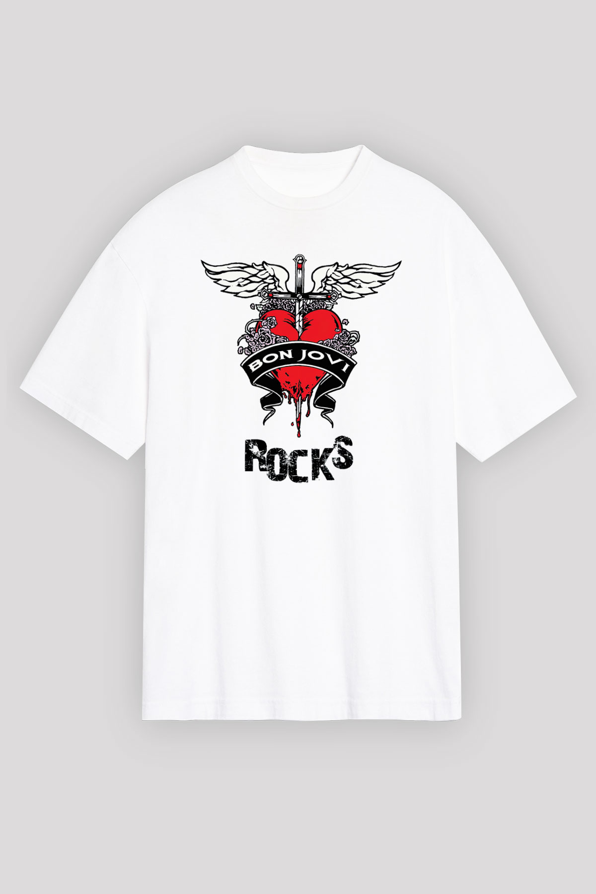 Bon Jovi Rocks Beyaz Oversize Tişört Oversize T-shirt - TişörtFabrikası