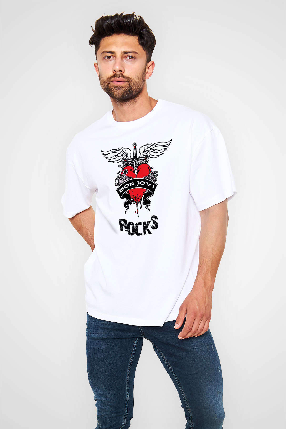 Bon Jovi Rocks Beyaz Oversize Tişört Oversize T-shirt - TişörtFabrikası