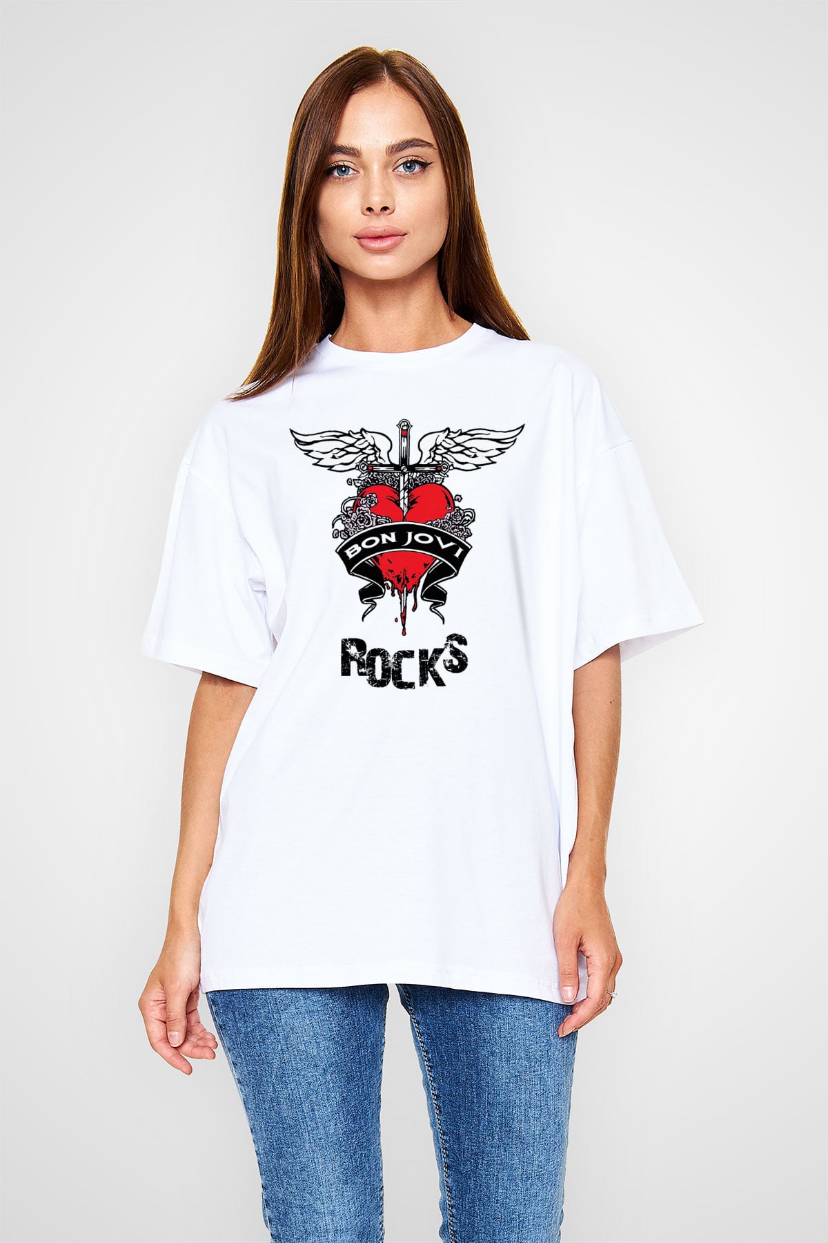 Bon Jovi Rocks Beyaz Oversize Tişört Oversize T-shirt - TişörtFabrikası