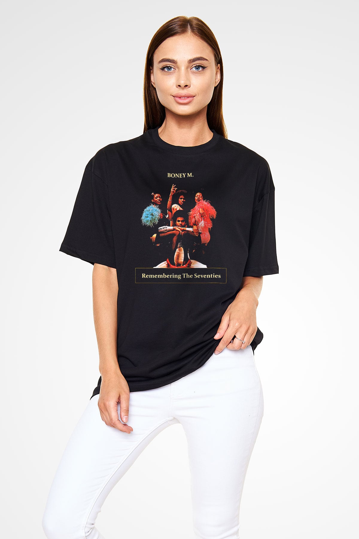Boney M Baskılı Unisex Siyah Oversize Tişört - Tshirt