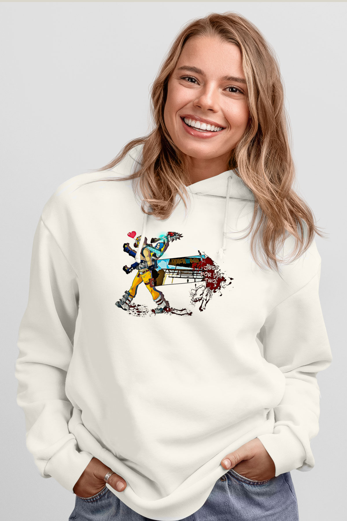 Borderlands Baskılı Beyaz Unisex Kapüşonlu Sweatshirt