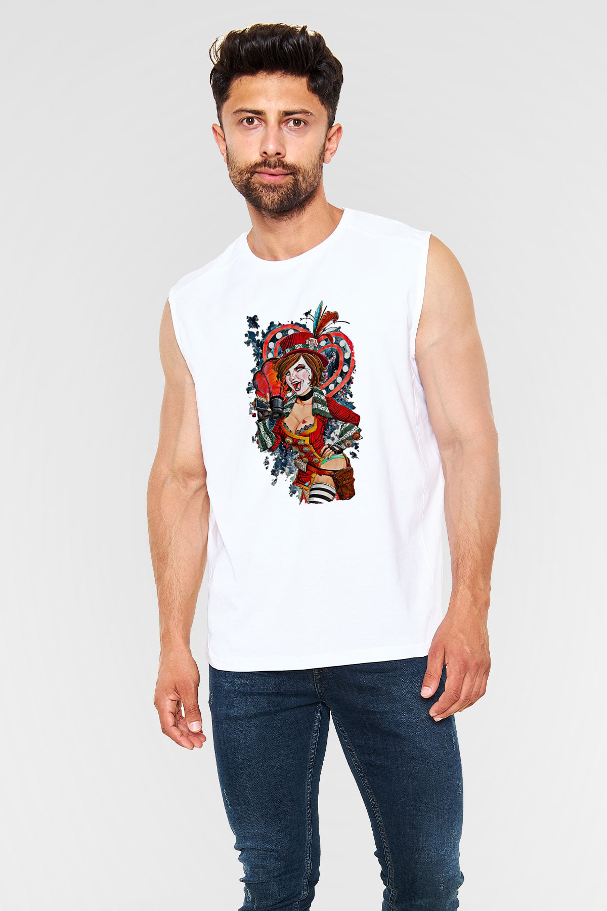 Borderlands Baskılı Beyaz Unisex Kolsuz Tişört - Tshirt