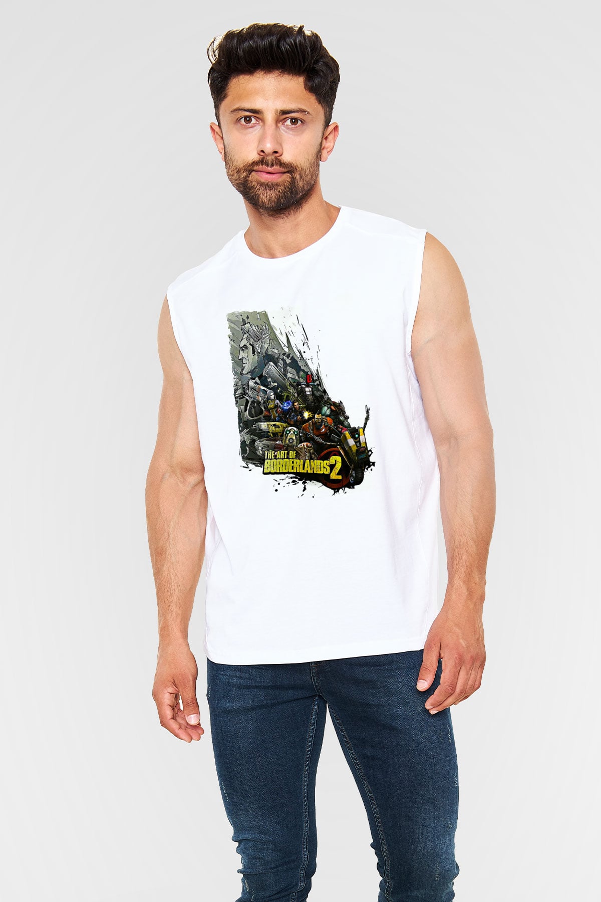 Borderlands Baskılı Beyaz Unisex Kolsuz Tişört - Tshirt