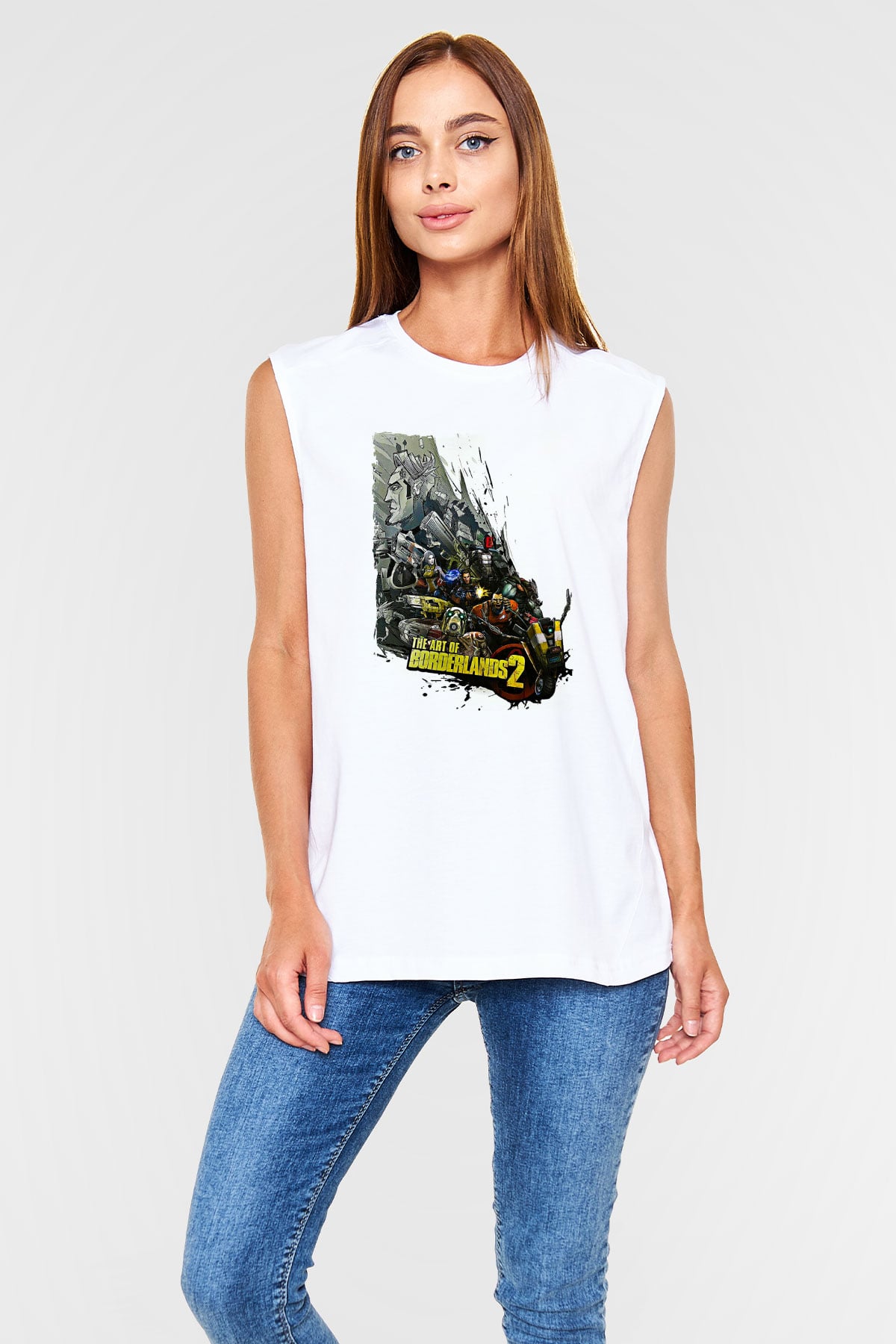 Borderlands Baskılı Beyaz Unisex Kolsuz Tişört - Tshirt
